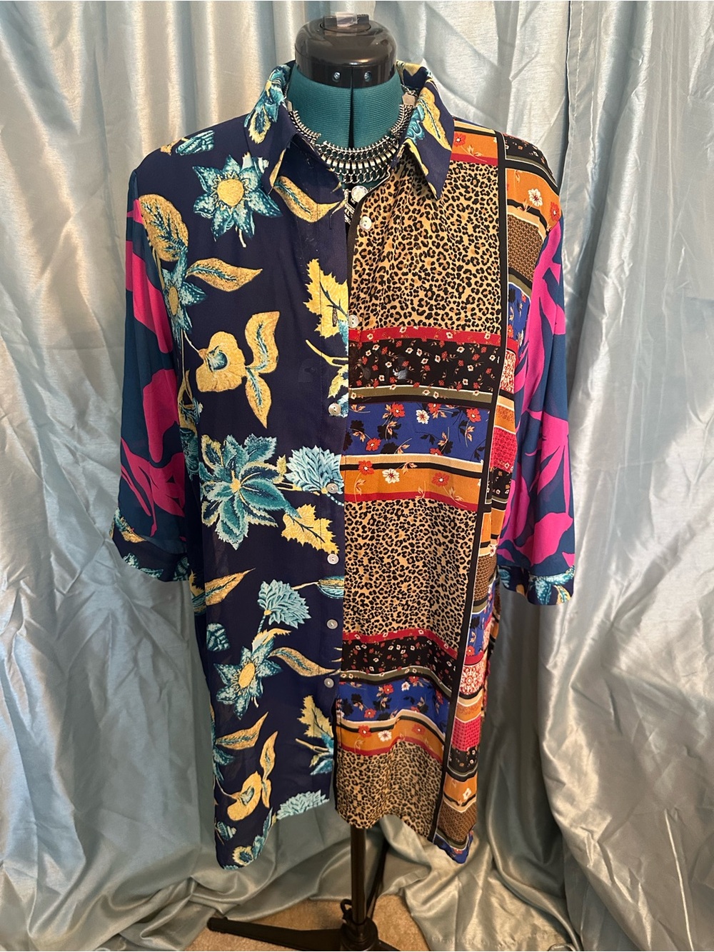 Mixed-Print Button-Down Shirt with Floral & Leopard Panels